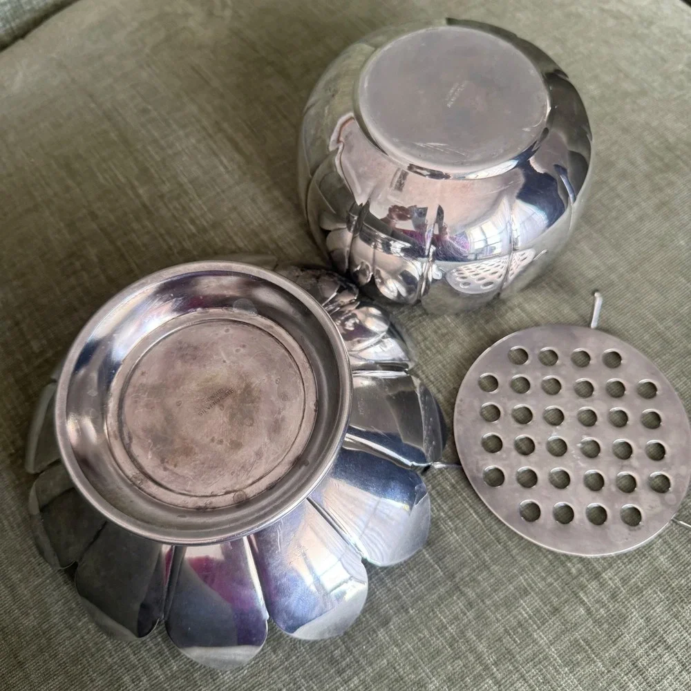 Vintage 1970s Leonard Silverplate Lotus Flower Frog 3-Piece Centerpiece Bowl